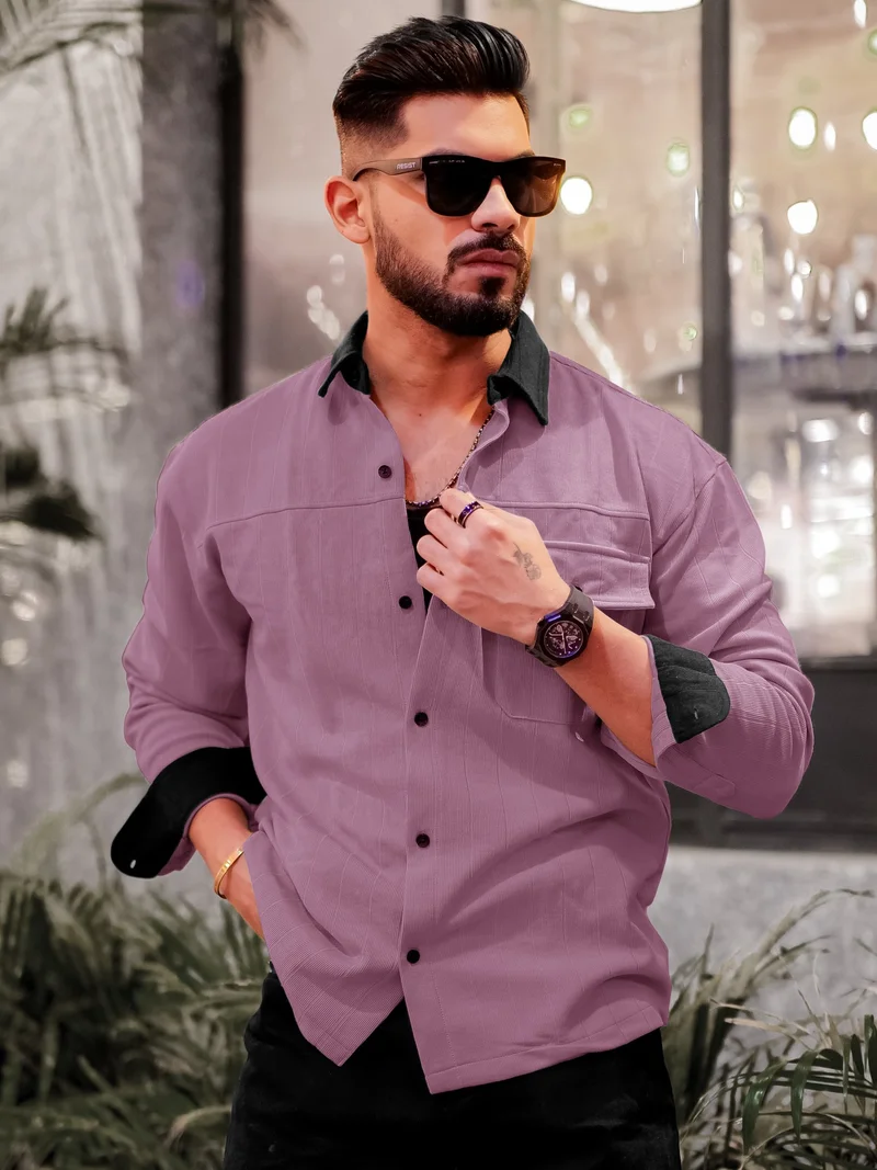 مانياك قميص رجالي مانياك قطن وردي بأكمام طويلة وياقة